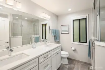 Extra-large vanity with dual sinks & plenty of storage.