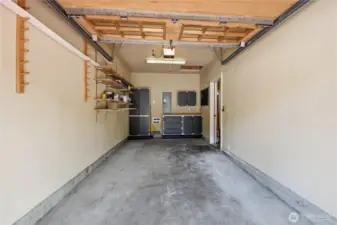 One car garage with workspace. Attic above with additional storage space.