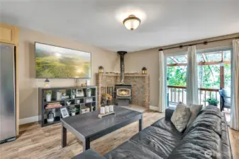 Cozy wood burning stove to keep you warm all winter long. It can keep the house toasty in the winter months.