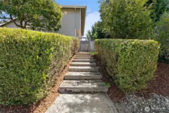 Concrete walk way on side of home leads to backyard