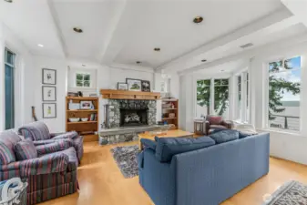 Cozy up by the fire in the main living room.