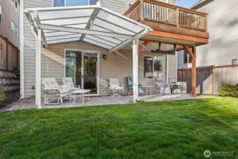 Covered heated patio and private fenced back yard that boarders a community greenbelt and park.
