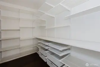 Expansive pantry w/ custom shelving.