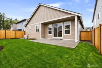 Fully landscaped backyard with privacy fencing, patio and easy access to front yard through side gate