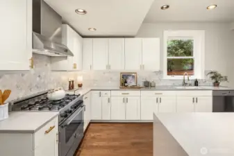 Gas stove, stainless steel appliances and abundant storage