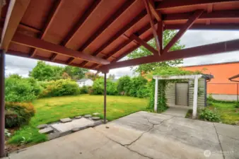 View of the backyard and shed from the back porch.