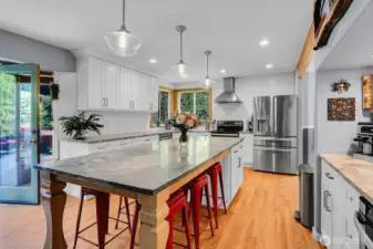Entertaining Size Kitchen with Stainless Appliances, Quartz Countertops, White Cabinetry & Built-In Coffee Bar