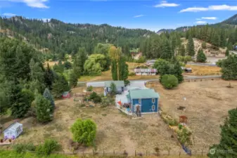 Over head view of 3+ acre property and home