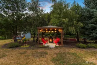 Backyard, green house, shed, and fire pit