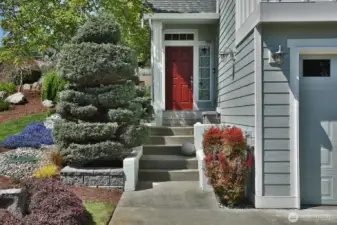 A colorful entry with the blooms and red door. Come on inside.....