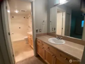 Vanity in primary looking into bathroom