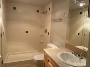 Bathroom has a new shower installed and separate vanity