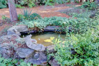 Water feature is located in the side yard near the home. View from the dining room.