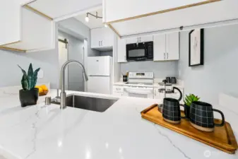 Large stone counters and updated fixtures.