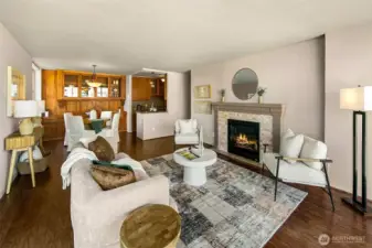 New modern gas fireplace and stylish engineered hardwood floors.