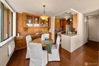 Timeless design and rich custom cabinetry in the kitchen and dining.