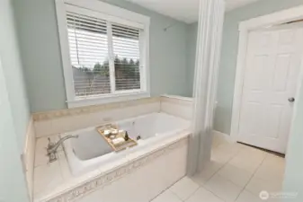 The primary en suite bathroom features a jetted tub with a brand new motor which is part of this 5 piece suite. Large window above the tub opens for fresh air ventilation and has wide slat blinds to customize your privacy and light levels. There is also a 10’x8’ walk in closet on the other side of that door, for easy access.