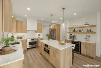 Bellmont cabinetry, Calacatta quartz, and Bosch appliances with a 36” induction range.