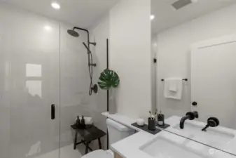 Elevate your routine in this unique bathroom with elegant green tiles and a modern vibe. It's all in the details!