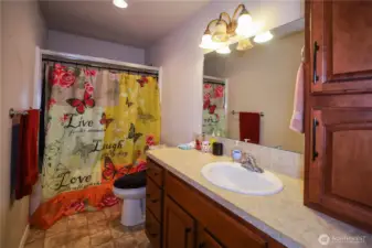Large bathroom with bathtub, shower combo, great storage space in here too.
