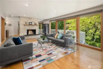 Looking out the living room to lush greenery in back yard