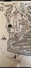 lot plat red highlighted with highlighted red trail to the beach/community area