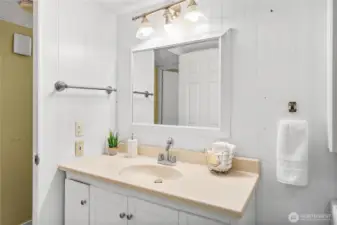 Showing the vanity in the bathroom.