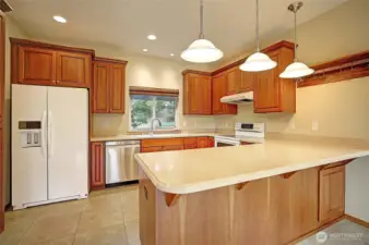 Open kitchen with solid surface counters, solid wood cabinets & high ceilings.
