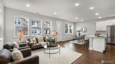 Great room flows seamlessly into kitchen and dining space for ease of entertaining