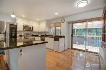 Kitchen with view of sliding door to the deck