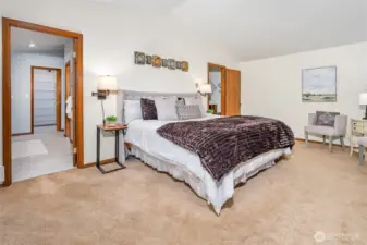 View of the primary bedroom looking into the primary bathroom.