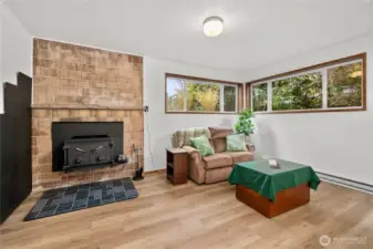 Basement 2nd living room with wood burning fireplace.