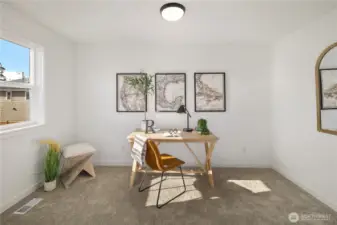 Primary Suite Sitting Room  Connected to the primary suite, this flexible sitting room offers a quiet extension of the retreat. A large window brings in natural light, while soft carpeting and clean lines create a comfortable setting for a home office, reading nook, or private lounge. The thoughtful separation from main living areas enhances privacy and function.    Set in Bothell’s Canyon Park neighborhood, this adaptable space reflects the intentional design found in high-end Pacific Northwest contemporary homes. The added versatility supports modern lifestyles within a thoughtfully designed new construction residence located in the Northshore School District.    These photos are from a past Robinson Plan at a different community, so overall plan, colors, building orientation, finishes, home outlook, and other details can and WILL vary. All photos, renderings, site maps, and floorplans are for visualization purposes only.