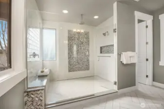 Jaw-dropping walk-in shower with dual heads and frosted privacy windows in the primary en-suite bath.