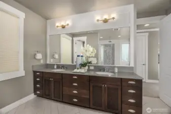 Extra large vanity with dual sinks plus a private commode room.