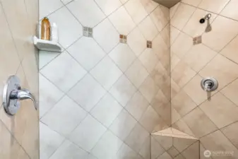 Walk-in shower in primary suite.