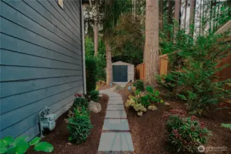 Landscaped side yard leads to garden shed and backyard.