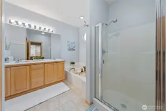 Primary en-suite with dual sinks, soaking tub, walk-in shower and separate water closet.