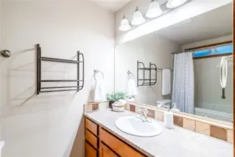 Main bathroom vanity with generous counter space, large mirror, and bright lighting.
