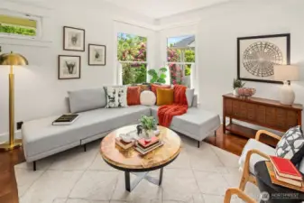 Another view of the beautiful living room which overlooks the beautiful Thackeray trees.