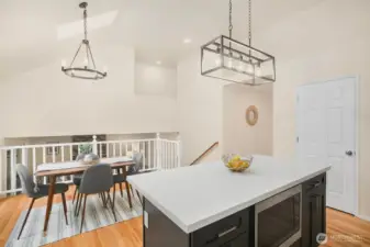 The kitchen is lofted above the family room on the lower level.  A perfect way to spend time in the kitchen but be able to keep an eye on things or not feel left out.