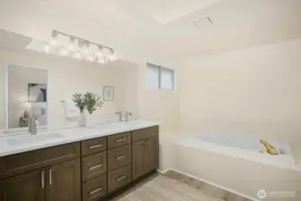 Primary Bathroom has been refreshed with new double vanity with Quartz counters, new flooring.