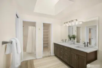 The Primary Bathroom glows with natural daylight.  The shower and toilet are in their own room for privacy and the walk-in closet is there as well.