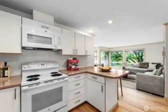 Small Eating Bar off the Kitchen is open to the living spaces.  Brand-new Microwave.