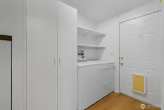 Utility room, storage cabinet and furnace on left, door to back deck