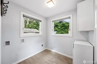 Main floor laundry hook-ups and mudroom to patio dining.