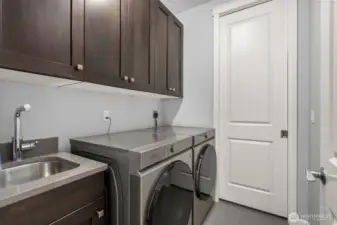 Nice to have a sink in the laundry room. The Samsong washer/dryer remain with the home. Behind the pocket door is your water heater and storage.