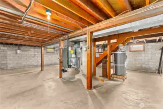 Basement with super high efficiency electric furnace and 2024 water heater.