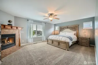 Master Suite with fireplace large window with view