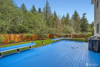 Spacious deck that extends the entire length of the house with bench seating all along the deck fully fenced yard freshly painted with Thompson water seal